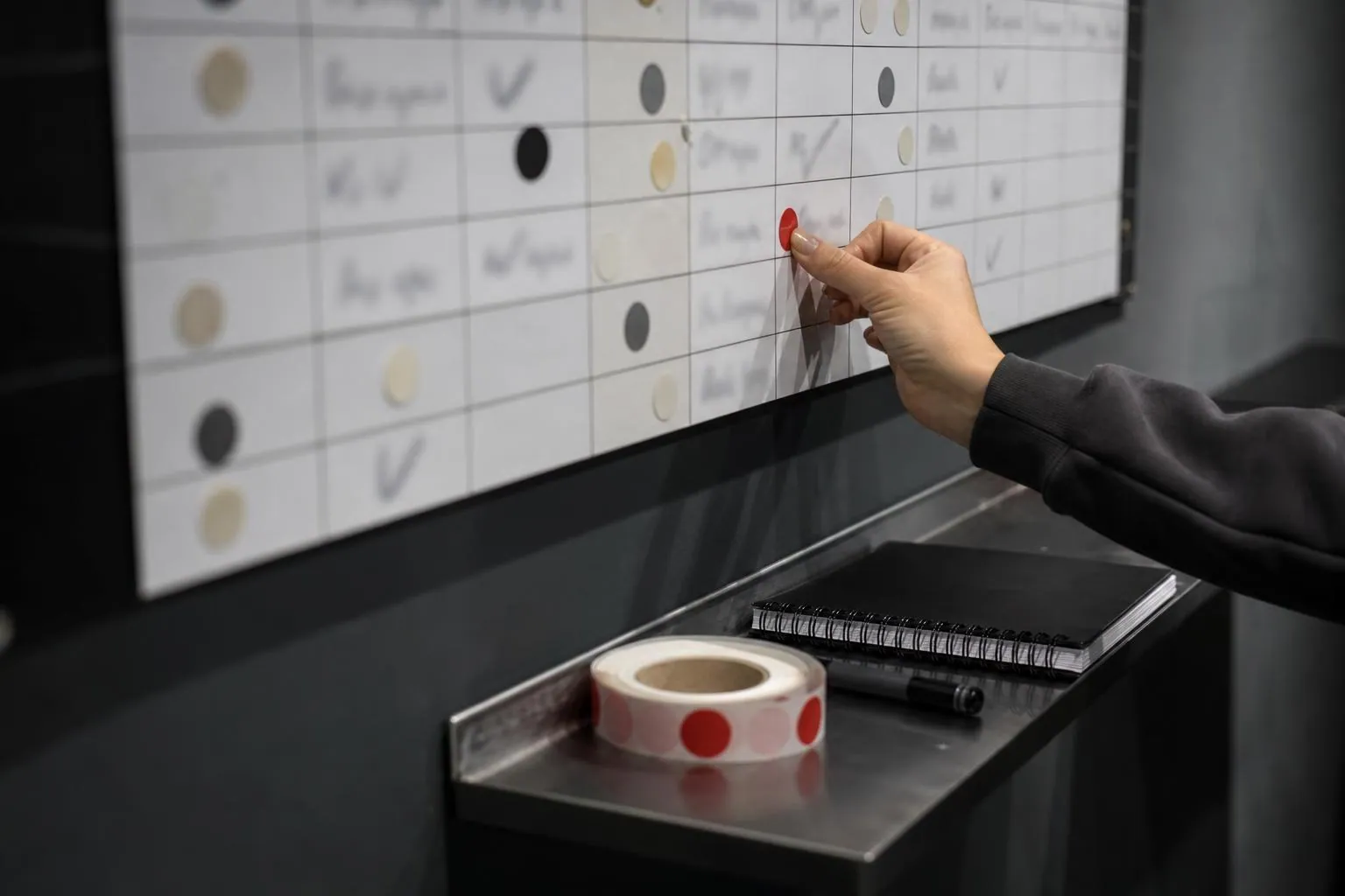 Main posant une pastille adhesive rouge sur un planning mural a colonnes dans le local d’une salle de sport