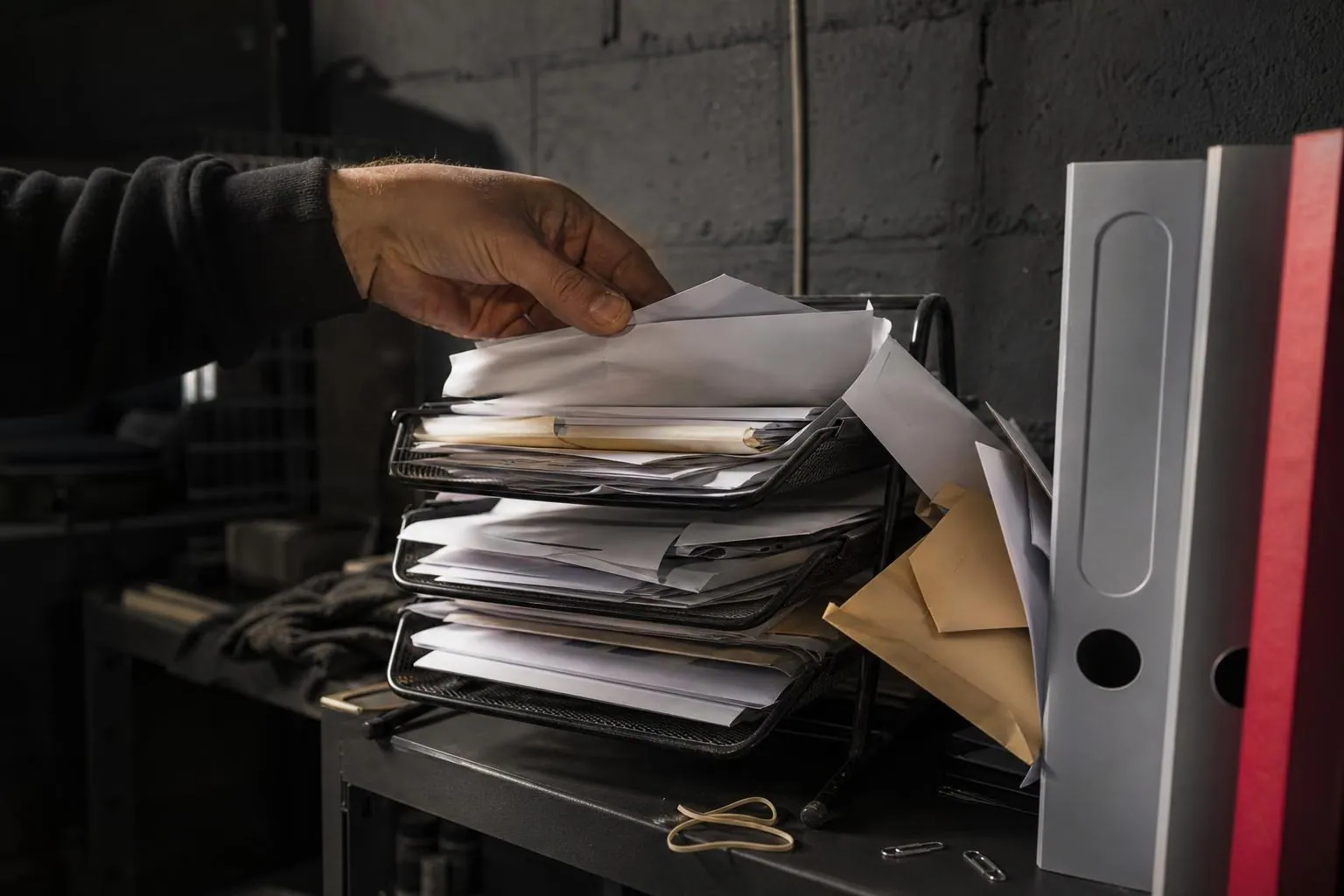 Bannette de courrier debordante d’enveloppes dans le local du personnel d’une salle de sport