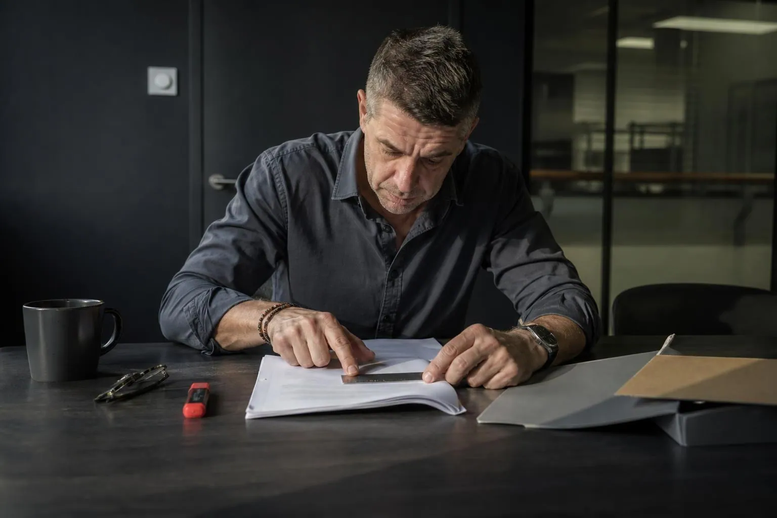 Gerant de salle de sport suivant du doigt une ligne d’un contrat papier pose sur une table de reunion