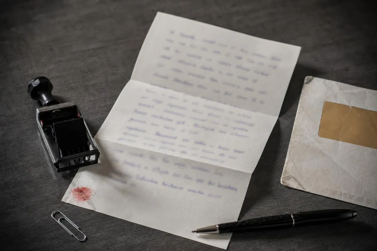 Gros plan sur une lettre de resiliation, un avis de reception postal et un tampon dateur poses sur un plan de travail gris