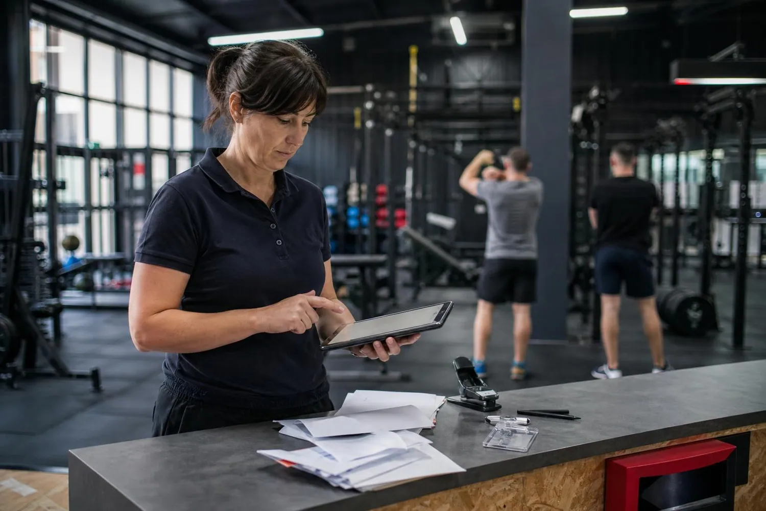 Gerante de salle de sport au comptoir d’accueil consultant une tablette, plateau de musculation floute en arriere plan