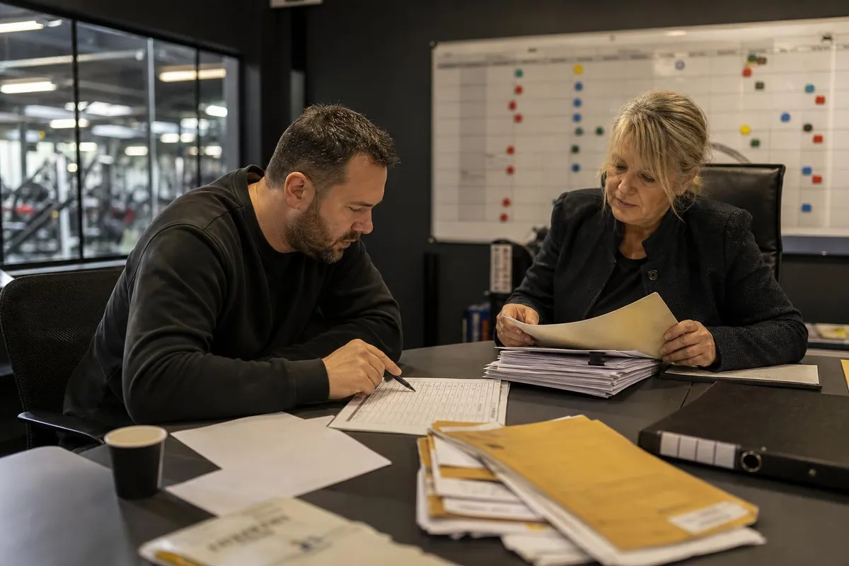 Deux responsables de salles de sport en reunion dans un bureau de club, dossiers papier et calendrier mural derriere eux